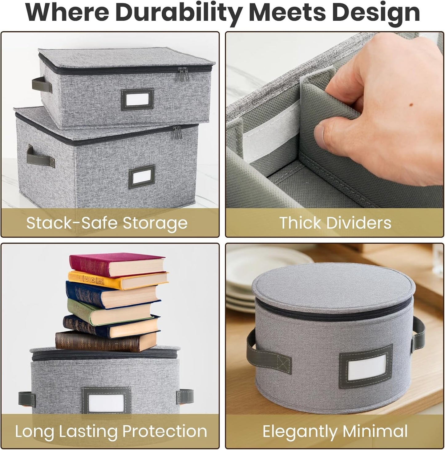 HOMELUX THEORY Plate Storage Box, 4pc Light Gray Hard Shell China Storage Containers with 48 Felt Pads, Kitchen Storage Bins With Lids, Moving Box with Handles for Dishes, Dinner Plate & Platter