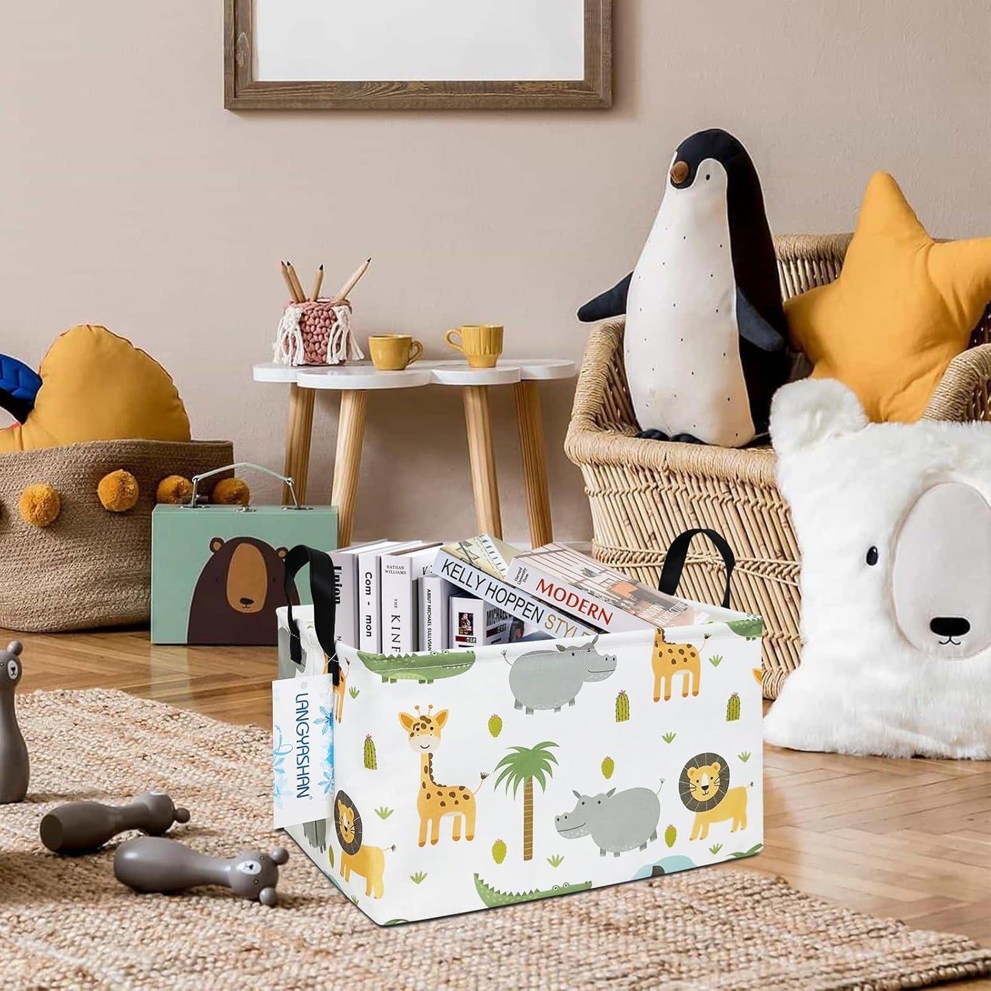 LANGYASHAN Rectangular Storage Bin Collapse Canvas Fabric Cartoon Storage Basket with Handles for Organizing Home Kitchen Boys and Girls Toys Office Closet Shelf Baskets (Rec animal)