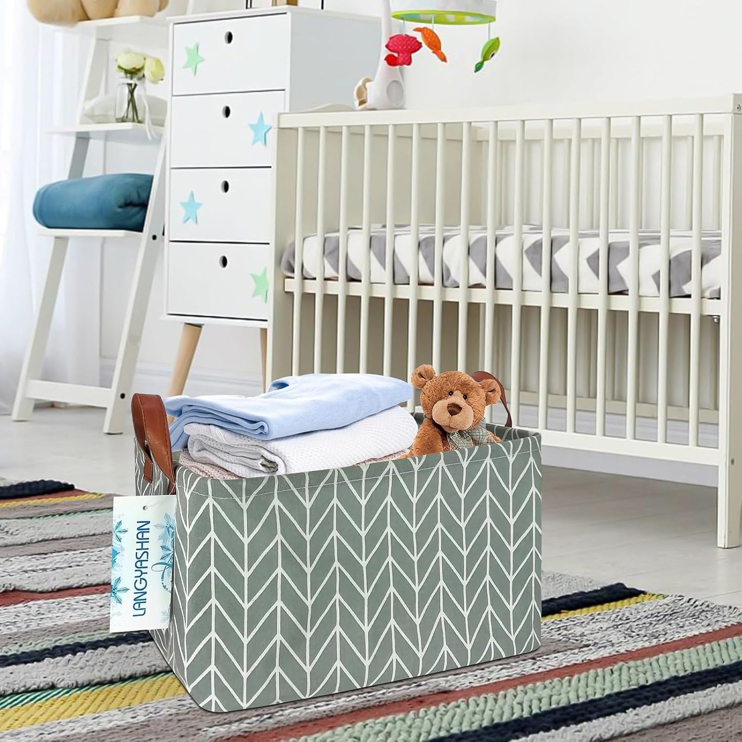 LANGYASHAN Rectangular Storage Bin Collapse Canvas Fabric Cartoon Storage Basket with Handles for Organizing Home Kitchen Boys and Girls Toys Office Closet Shelf Baskets (Rec Grey Point)