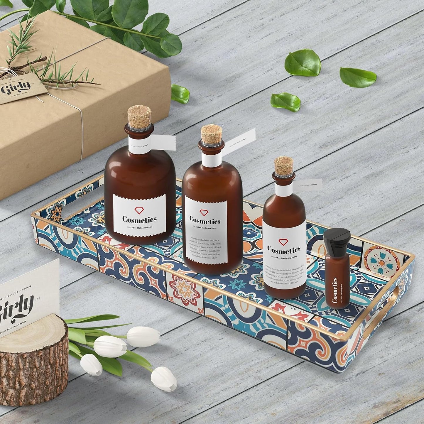 Bathroom Vanity Tray for Countertop, Small Plastic Toilet Tank Tray Versatile Storage & Organization Tray for Makeup, Perfume, Desk, Kitchen, Candles, 13.7"x6"x1.4", 35Boho2