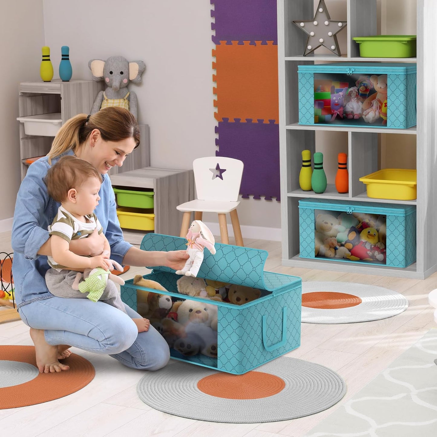 Sorbus Foldable Storage Bag Organizers, Large Clear Window & Carry Handles, Great for Clothes, Blankets, Closets, Bedrooms, and more (3-Pack, Aqua)