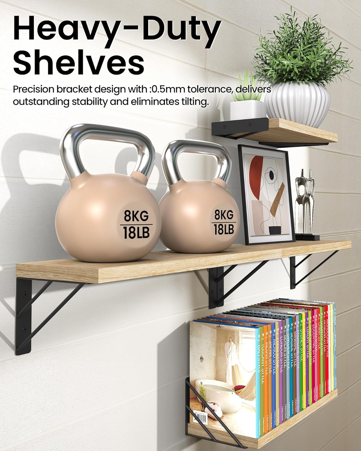 BAYKA Shelves for Bedroom Decor, Floating Wall Shelf for Living Room Kitchen Storage, Wall Mounted Rustic Shelves for Kids Books, Corner Shelf for Bathroom(Carbonized Brown,Set of 4)