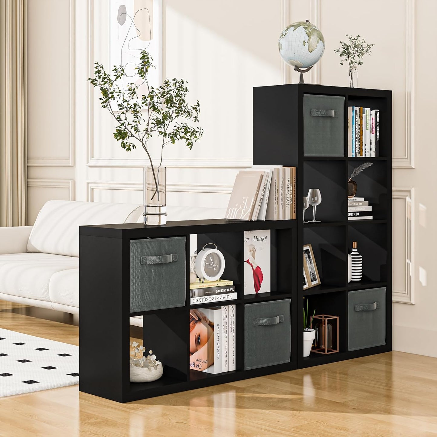 Bookshelf with Storage Bins, 9-Cube Storage Organizer Sturdy Wooden Bookcase Open Book Shelf, Multifunctional Cubicle Rack for Storage & Display, Furniture for Living Room Bedroom Office, Black