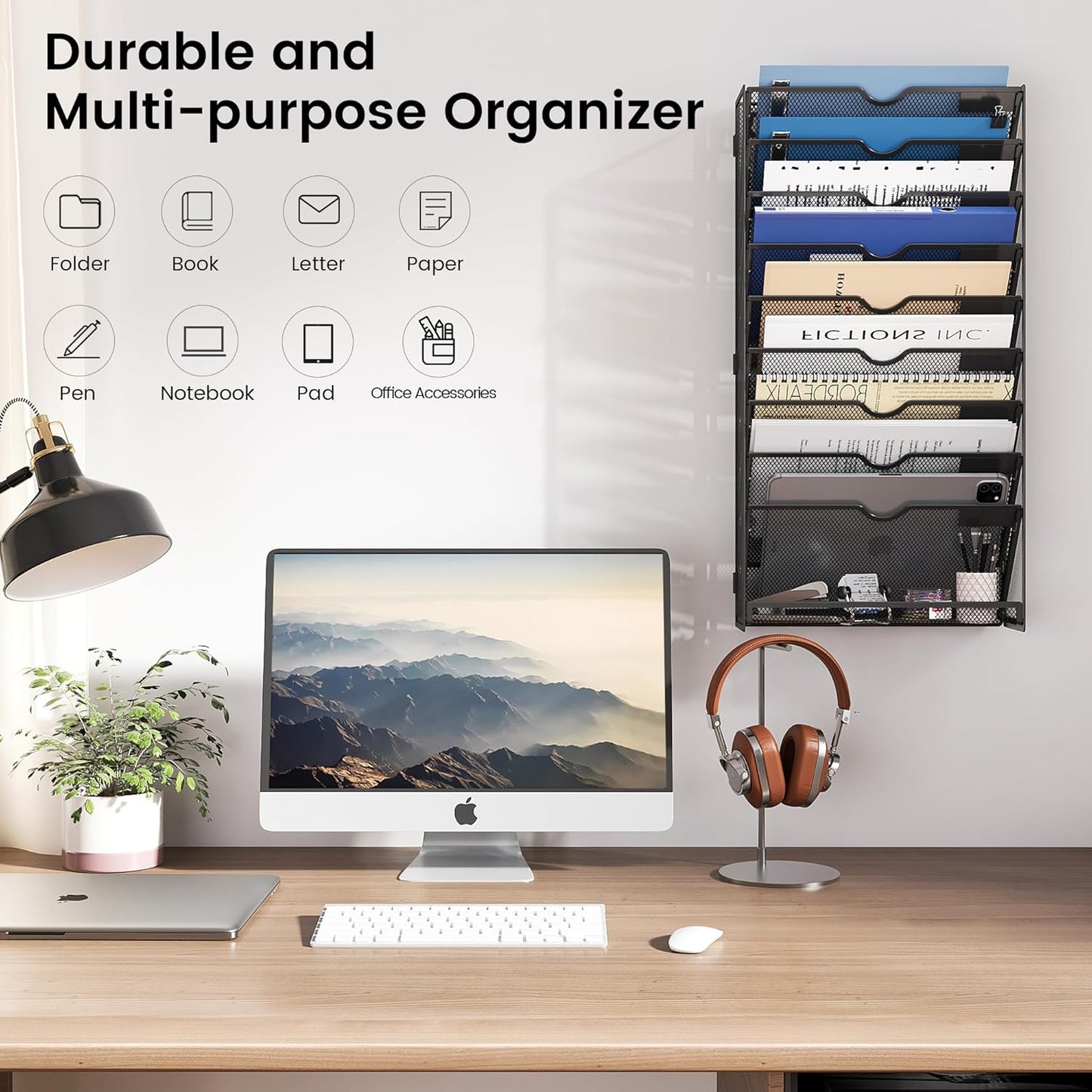 Desk File Organizer Mesh 10-Tier Hanging Wall Mount Document Organization Stand Desktop Vertical Mail Paper Folder Holder Rack with Bottom Tray for Office Home Cubicle Countertop-Black