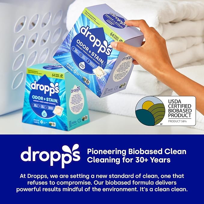 Dropps Odor & Stain Biobased Power Laundry Detergent Pods, Crisp Breeze HE Compatible Laundry Pods for Fresh Clothes - Laundry Soap Supplies & Recyclable Paperboard Packaging