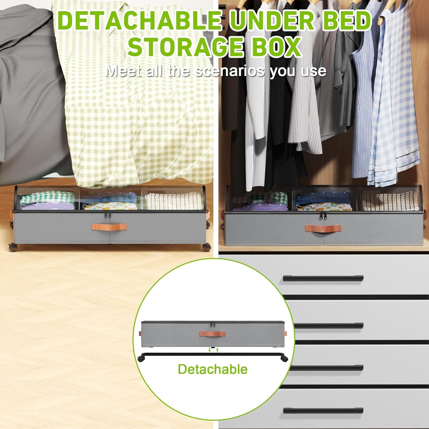 Under Bed Storage with Wheels, 2 Pack Under Bed Storage Containers with Dividers & Clear Lids, Under the bed storage Organizer Bins,Underbed Storage with Wheels for Clothes,Toys,Shoes (GREY)