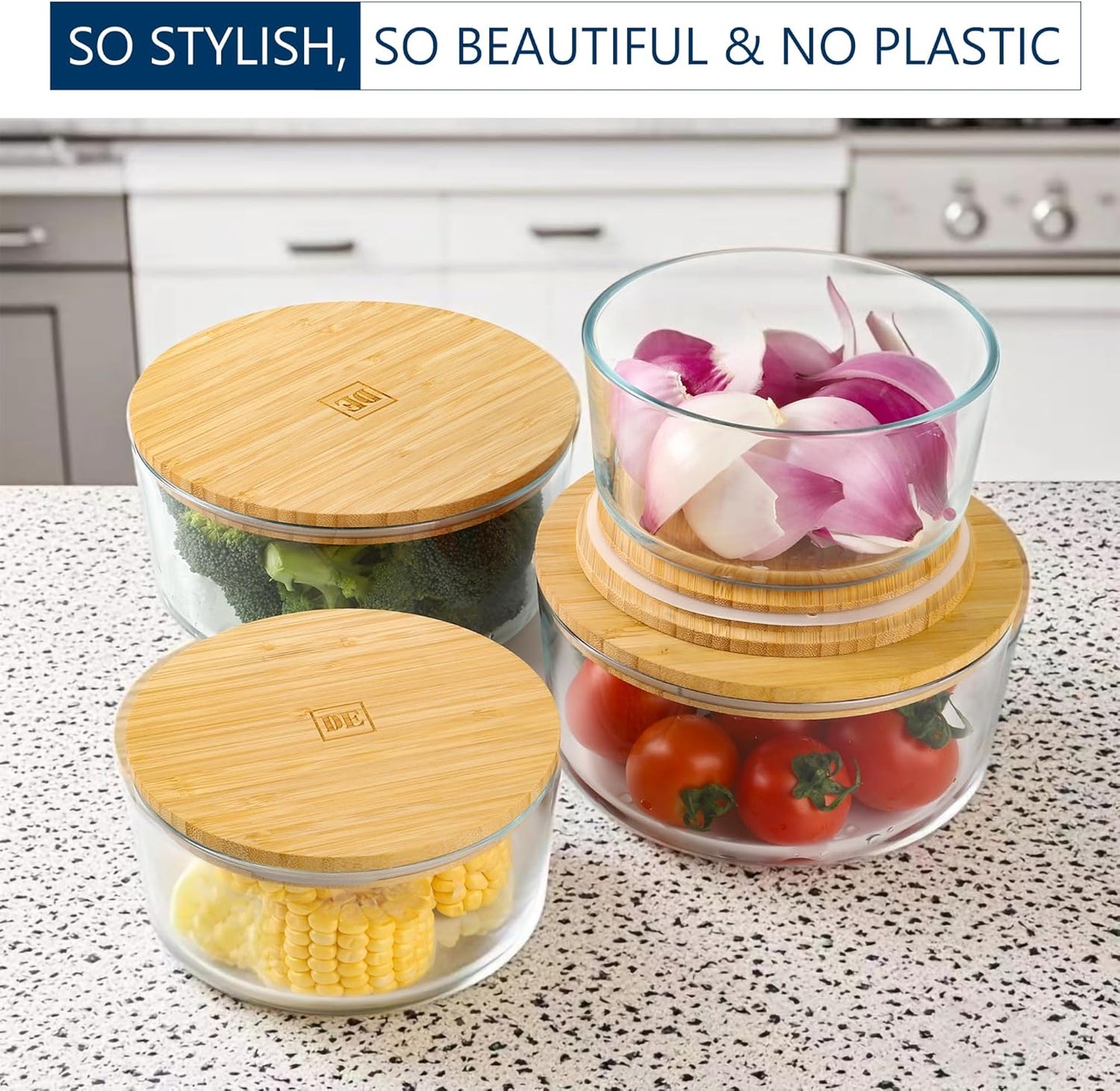 DE Glass Food Storage Containers with Bamboo Lids – 4 Pack Round (2x33oz + 2x60oz) – BPA-Free Borosilicate Glass Meal Prep Containers – Plastic-Free, Oven, Microwave, Freezer Safe