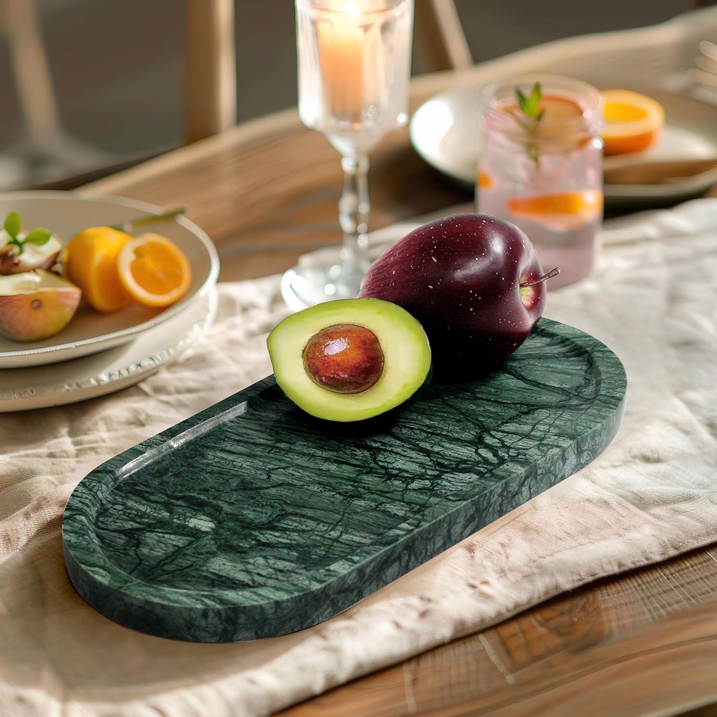 100% Real Natural Marble Tray for Bathroom, Luxury Indian Green Stone Vanity Tray, Decorative Oval Trays for Countertop Storage Organizer, Dresser, Kitchen, Home Decor, 11.8" x 6", Green