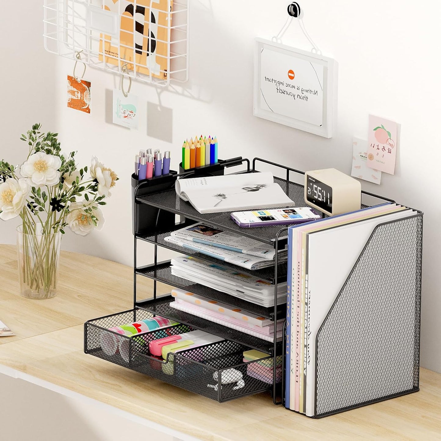 Desk Organizers and Accessories with File Holder, 5-Tier Office Desk Accessories & Workspace Desktop Organizer with Drawer and 2 Pen Holder, File Paper Organizer for Office Supplies(Black)