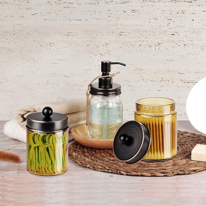 Amolliar Bronze Glass Apothecary Jar With Metal Lid & Stickers, Bathroom Qtip Dispenser Storage Canister, Perfect for Cotton Balls, Cotton Swabs, Makeup Pads, Bath Salt, Floss 1 Pack(ORB)