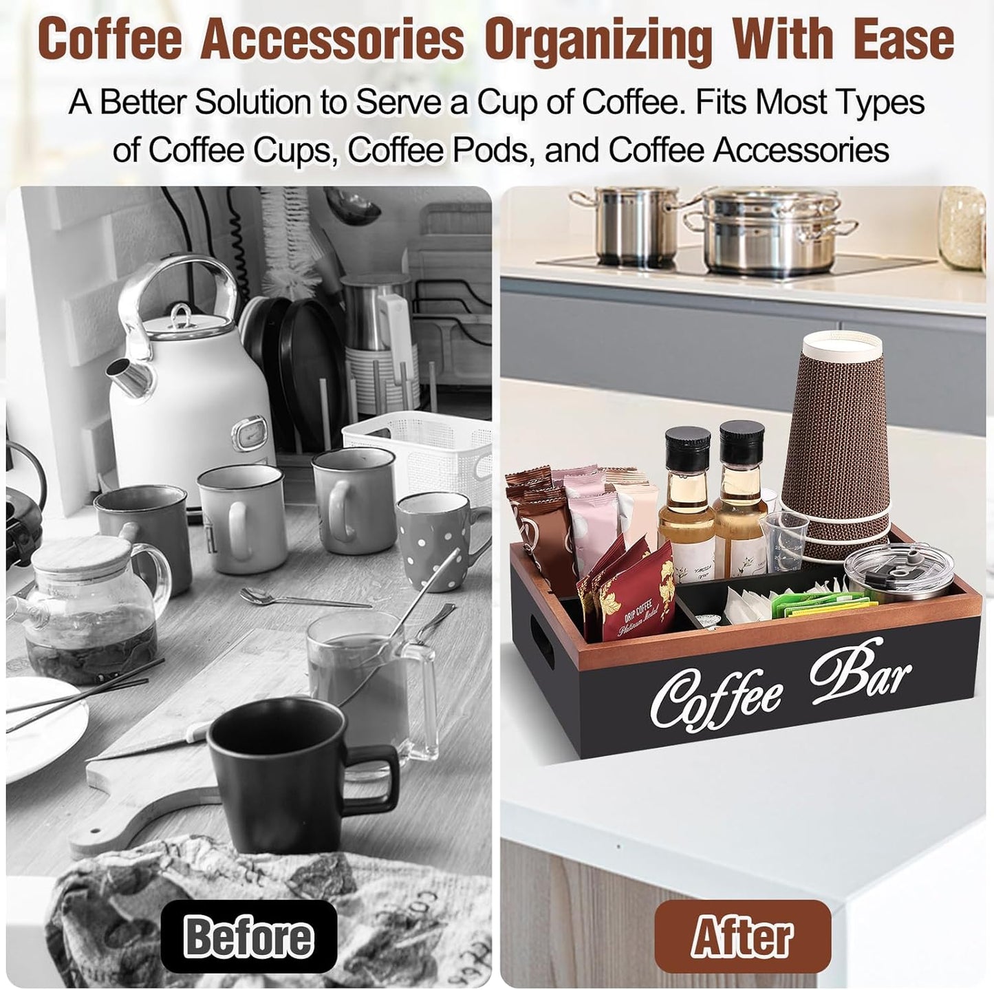 Wooden Coffee Organizer Holder with Divided Sections & Cutout Handle, Farmhouse Coffee Bar Organizer for Pods, Cups, Lids, Syrups, Stirrers & Accessories – Ideal Gift for Home or Office
