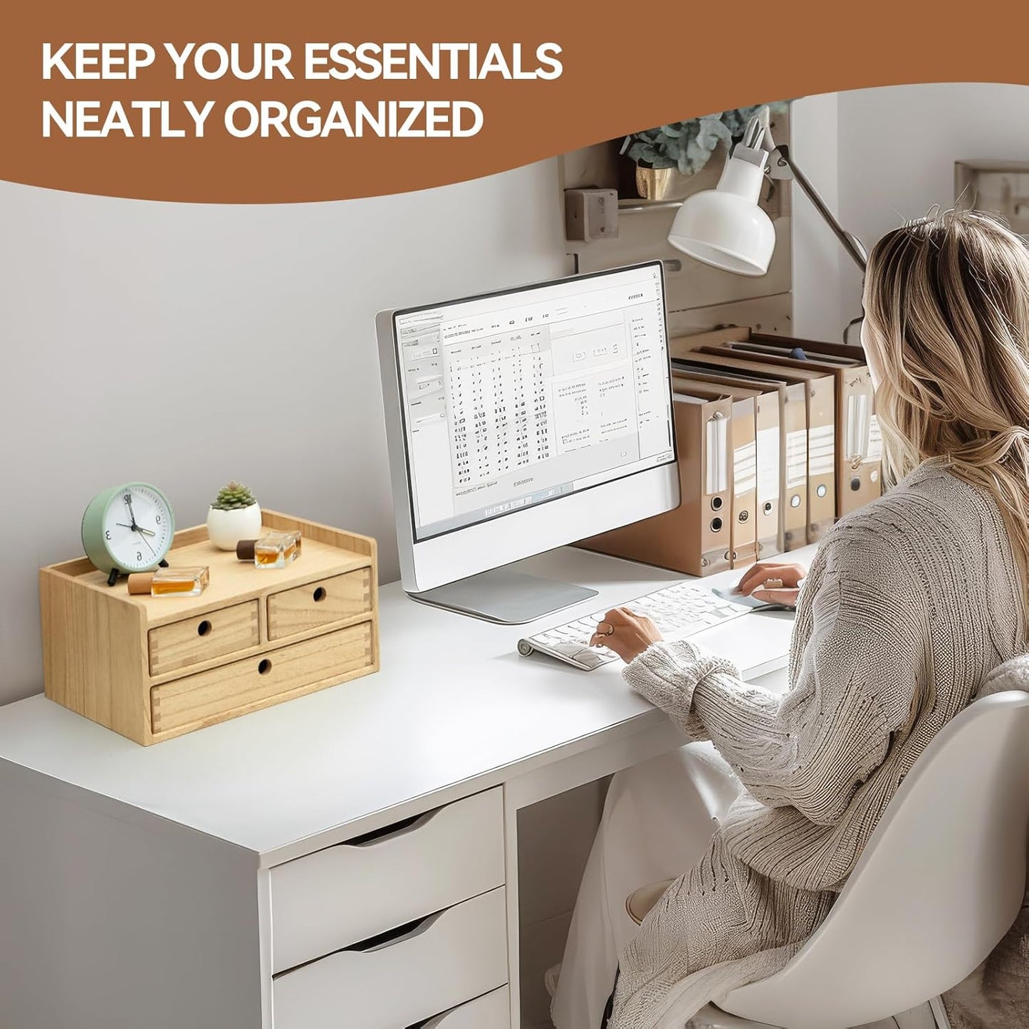 KIRIGEN Wood Organizer Shelf with 3 Drawers for Home Kicthen Decor Office Supplies Desktop Cabinet for Drawer Organizer - Desk Accessories Storage Box -Countertop Shelf Natural(DT2D3C-NA)