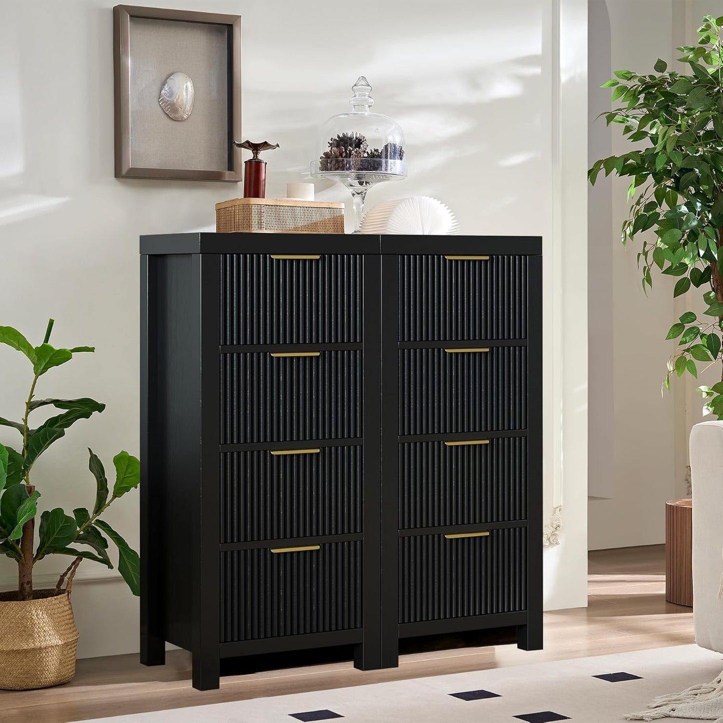 Mid-Century Modern Tall Wooden Dresser with 8 Spacious Drawers, Entryway Storage Chest with Smooth Metal Handles, Bedroom Clothes Organizer for Entryway, Office, and Small Spaces, Black X2