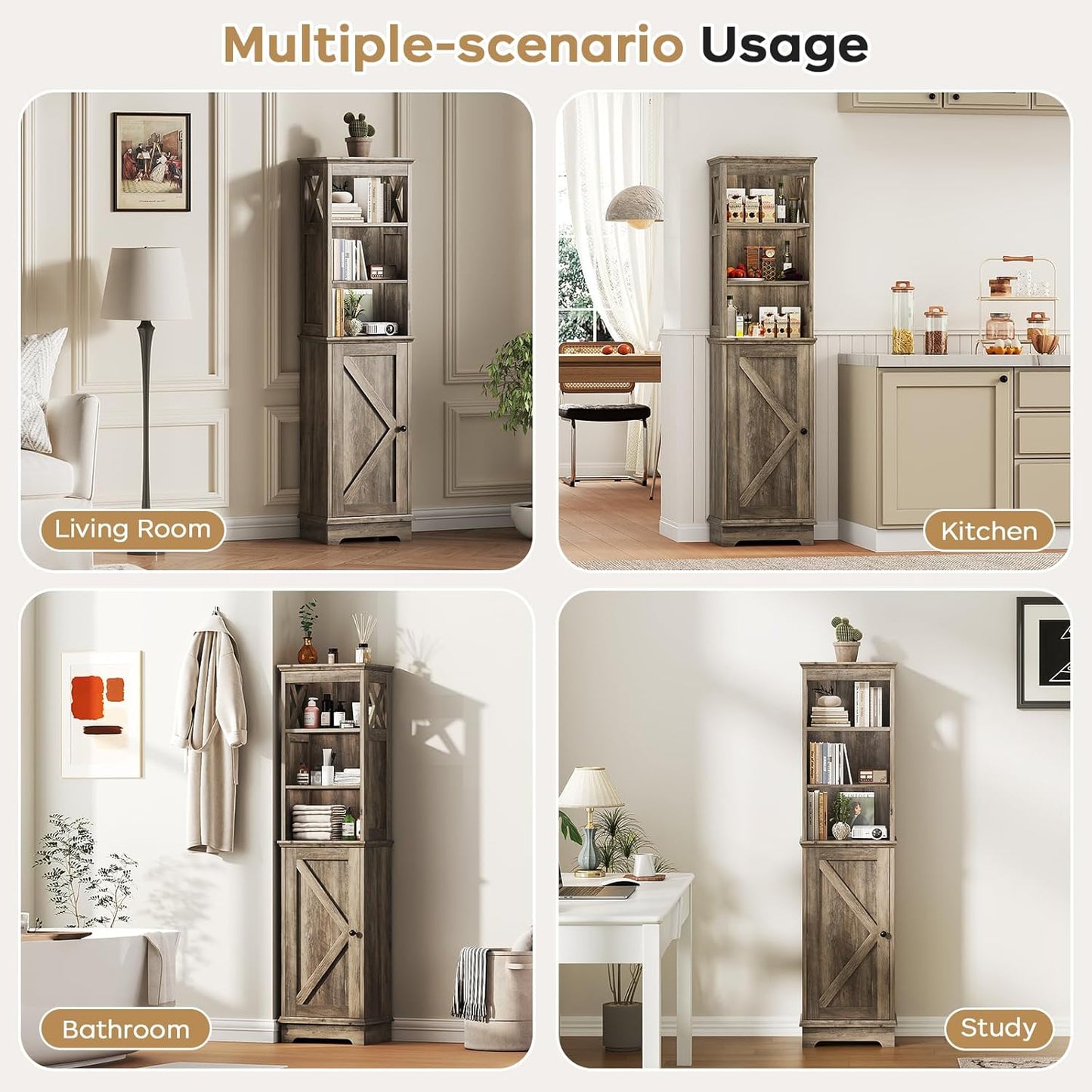 Farmhouse 60.9" H Tall Narrow Storage Cabinet with Door and Open Adjustable Shelves, Freestanding Organizer for Bathroom, Kitchen, Entryway, Wooden Tower Corner Cabinet, Grey