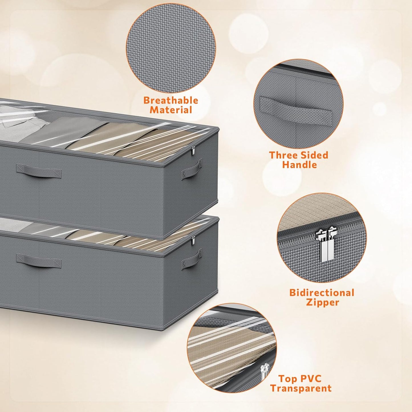 10 Inch 2 Pack Under Bed Storage Containers, 10 Inch Tall Underbed Clothes Storage Organizer Bin with Clear Window,Foldable Box Basket for Clothes, Closet, Bed Sheets and Blankets Gray