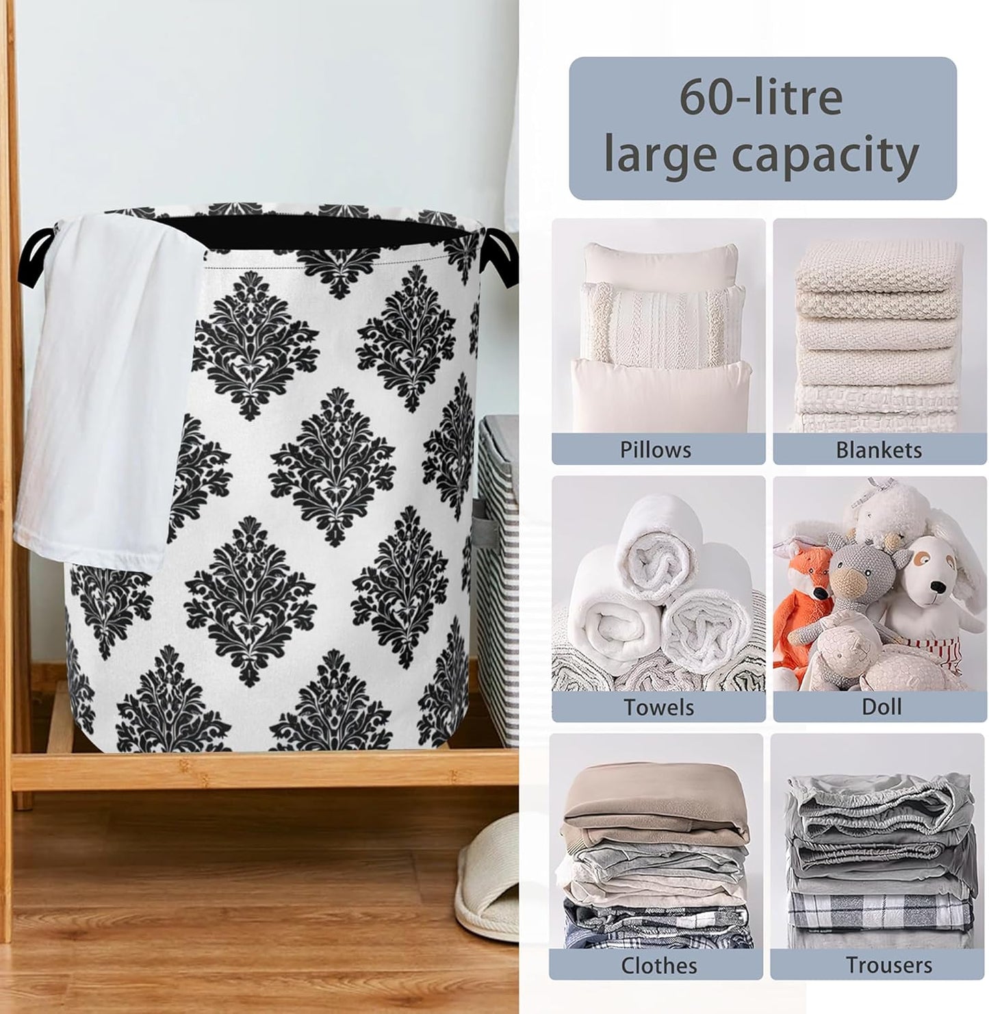 Vintage Damask Floral Laundry Basket,Oxford Cloth Laundry Hamper with Handle Foldable Portable Clothes Storage Basket for Bathroom Bedroom Dorm Room 16" x 20.8"