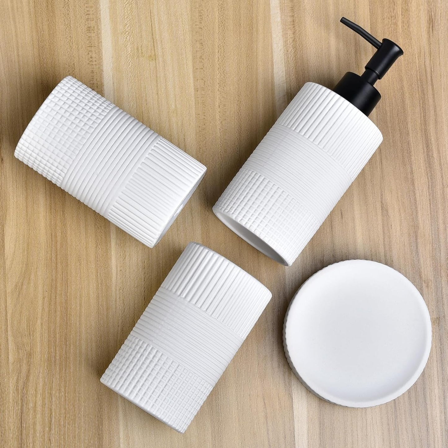 Bathroom Accessories Set of 4, Ceramic Bathroom Sets Complete-Toothbrush Holders, Soap Dispenser, Soap Dish, Toothbrush Cup, Modern Farmhouse Bathroom Decor, Bathroom Organizer for Countertop