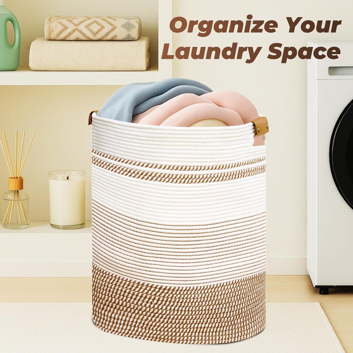 Laundry Basket with Handles - Blanket Basket & Hampers for Bedroom Aesthetic, Laundry Hamper & Blanket Storage for Living Room, Clothes Hamper, Tall, Large 17" x 14" x 22”, Brown & White