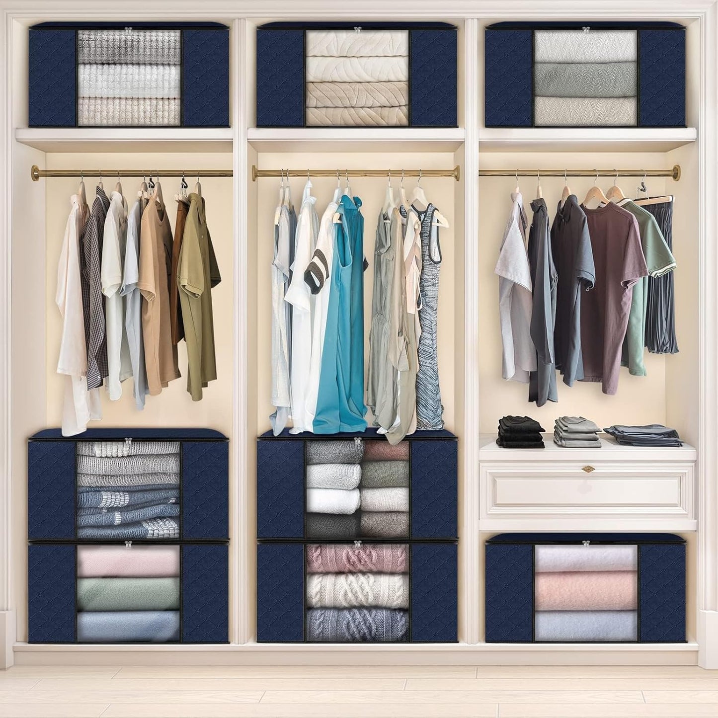 Fab totes Storage Bags,Clothes Blanket Storage Bins Foldable Closet Organizers with Reinforced Handle for Home Dorm Storage and Organization,Fabric Bags for Organizing Sheets,Clothing (Blue,10 Pack)