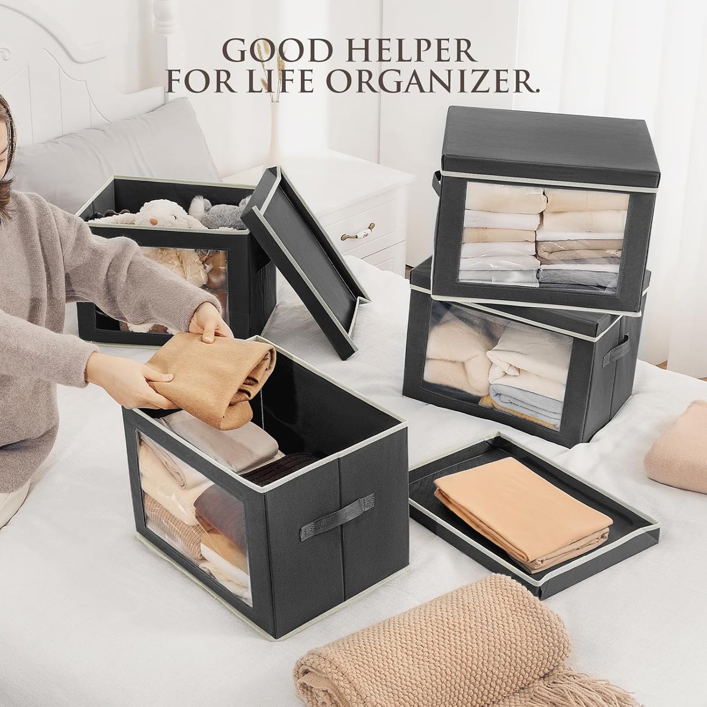 Stackable Storage Bins with Lids - Large Storage Box with Lids, Foldable Closet Boxes for Organizing, Wardrobe Clothes Organizer with Window, Cubes Bins for Living Room, 3 Pack, Dark Grey