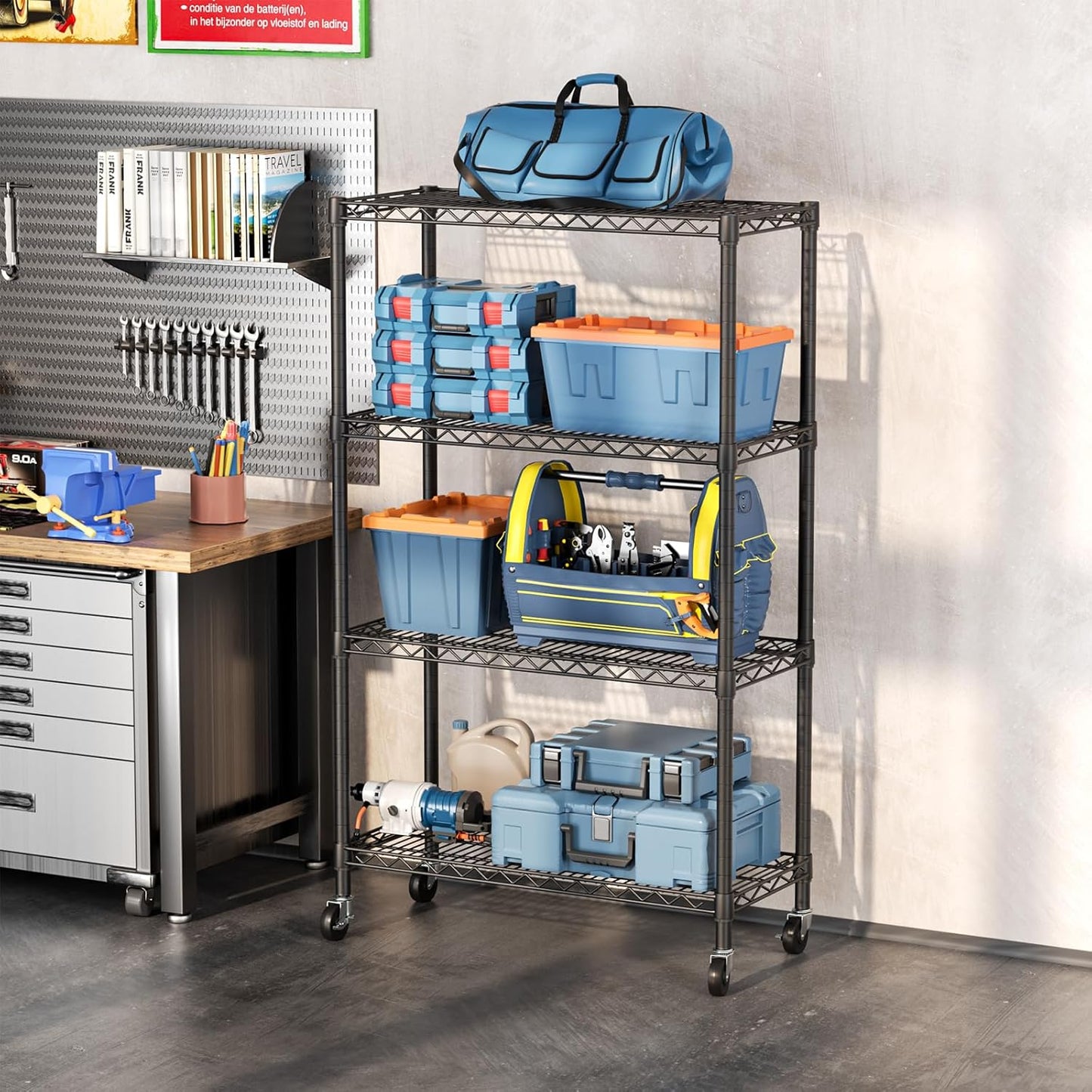 SINGAYE 4 Tier Adjustable Storage Shelf with Wheels Heavy Duty Shelving Unit Rack Shelves Wire for Garage Office Pantry Kitchen 14" Dx36 Wx58 H 1400LBS Black