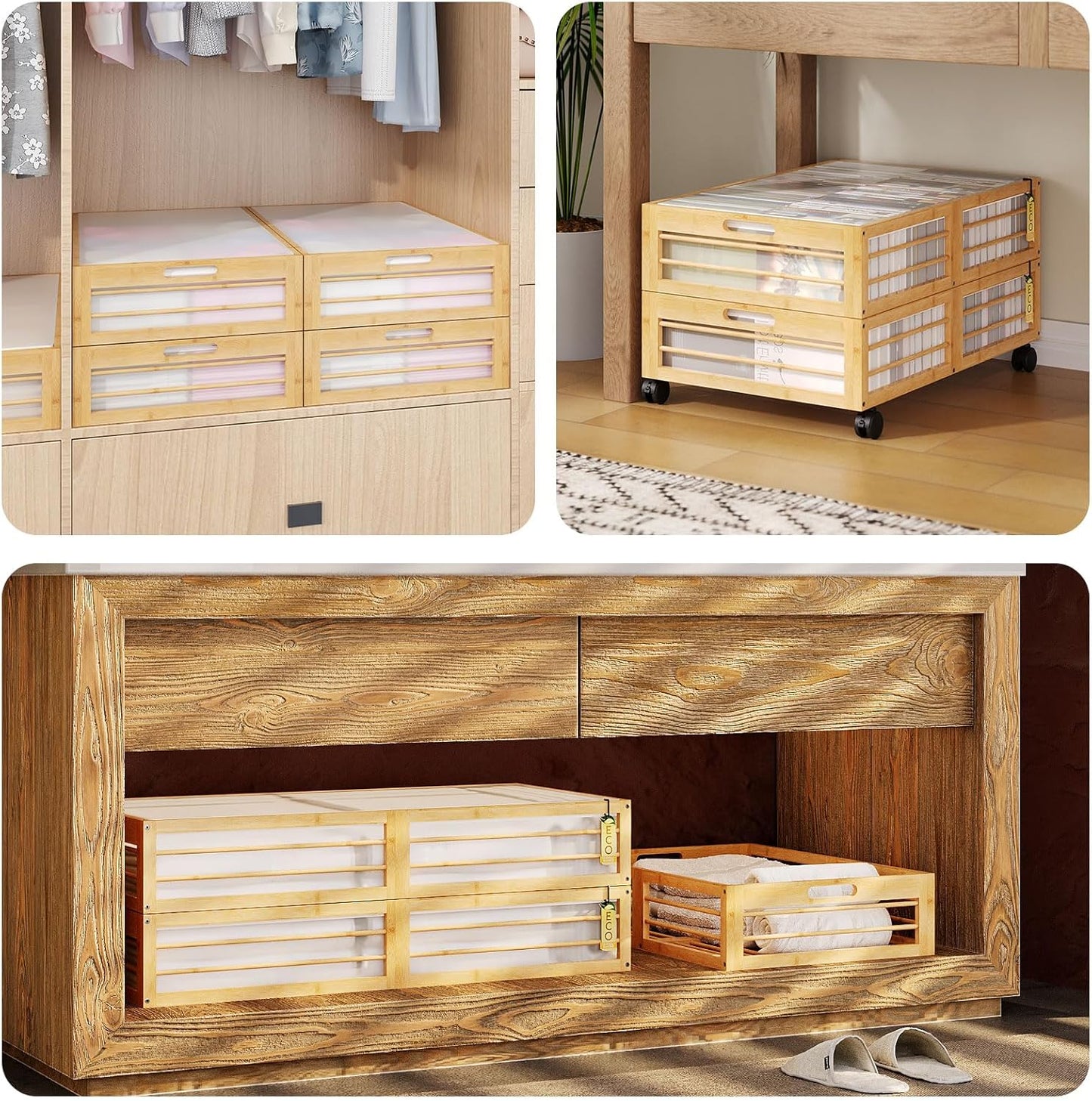 Under Bed Storage Containers with Wheels, Larger Bamboo Wood Under Furniture Storage Containers with Dust Bags๏ผRolling for Shoes Clothes