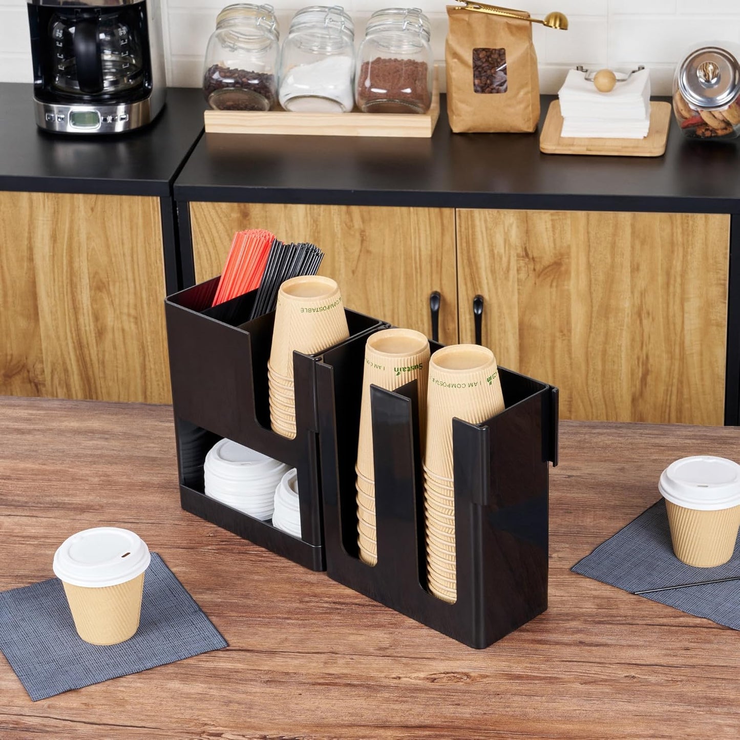 Restaurantware Restpresso Coffee Bar Organizer, 1 Count Durable 6 Compartments, Compact Size, Black Plastic Tabletop Coffee Supplies Organizer For Homes, Office Spaces, Breakrooms, and Lounges