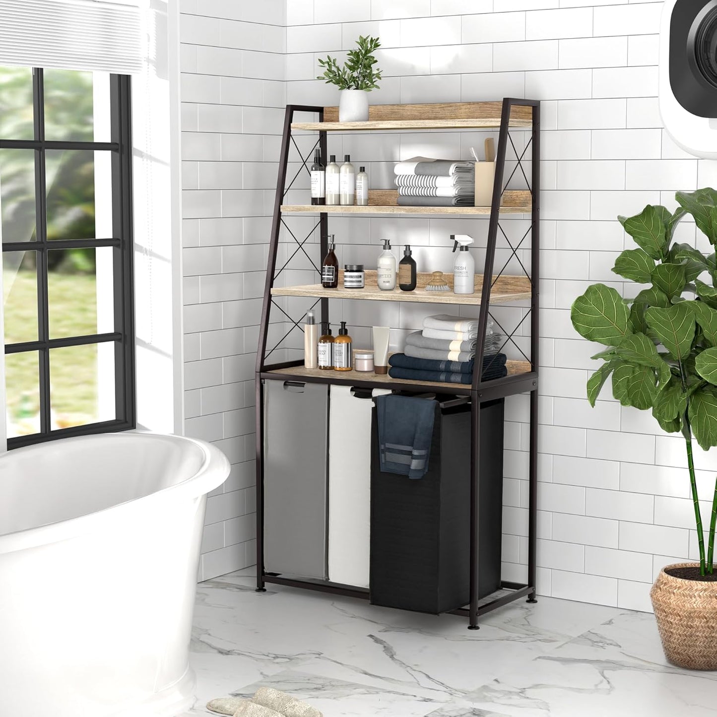 Laundry Basket, 3 Section Laundry Hamper with 4 Tiers Shelf, Pull-Out and Removable Laundry Bags, Large 3 x 15.87 Gallons, for Laundry Room Bathroom Greige PF05XLZ