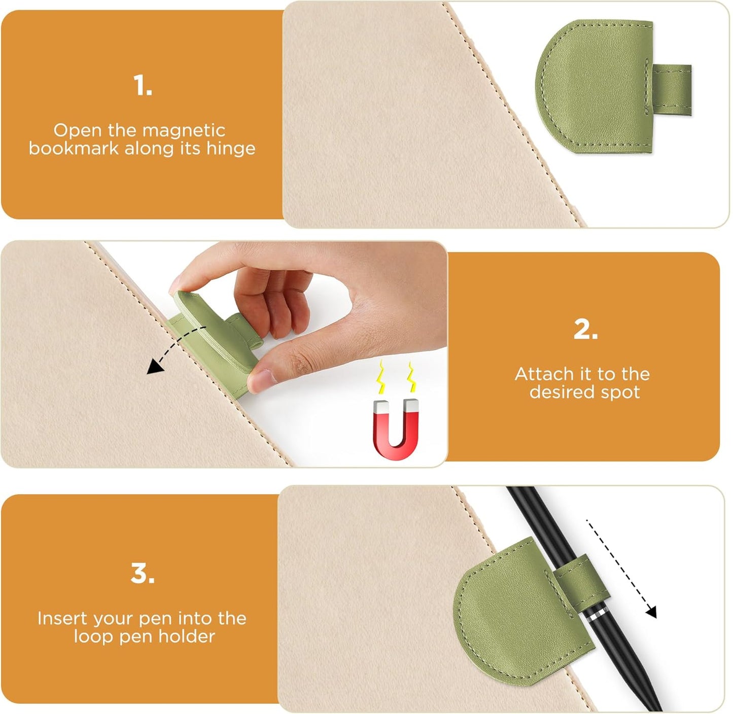 Magnetic Pen Loop Holder, Pencil Holder for Notebooks, Journals, Calendars, PU Leather 3 Pack