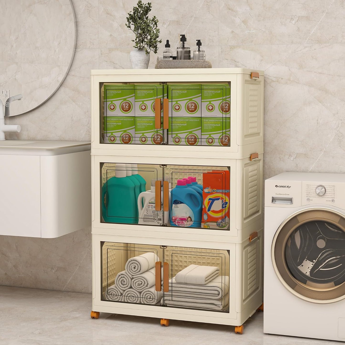 Plastic Stackable Storage Bins with Lids and Wheels, Foldable Closet Organizers and Storage Containers, Collapsible Clear Drawer Storage Cabinet with Doors White 114Gal