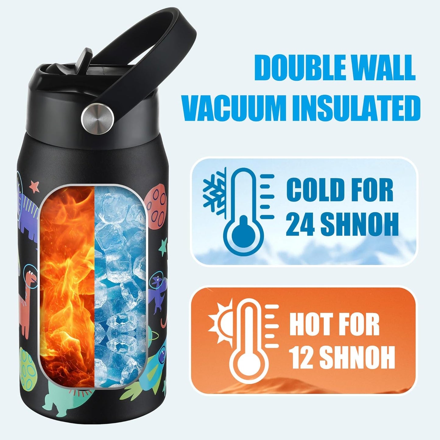 OLDLEY kids Water Bottle - 18oz Insulated Stainless Steel - Wide Straw Lid, Non Spill, Leakproof, Kids Water Bottle for School,Space Dinosaur