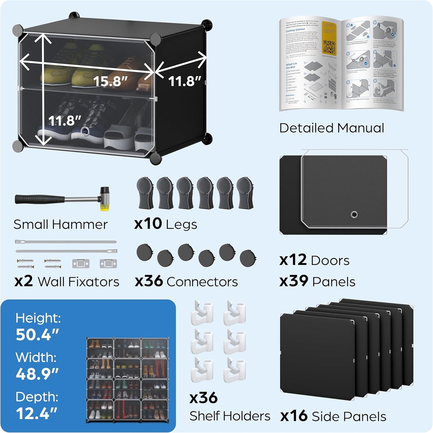 Shoe Organizer Cabinet Up to 48 Pairs, Shoe Closet-Covered Shoe Rack with See-Through Door (Clear, Plastic, Stackable) Cubby Portable Shoe Organizer with Covers, Hooks & Pockets, Black