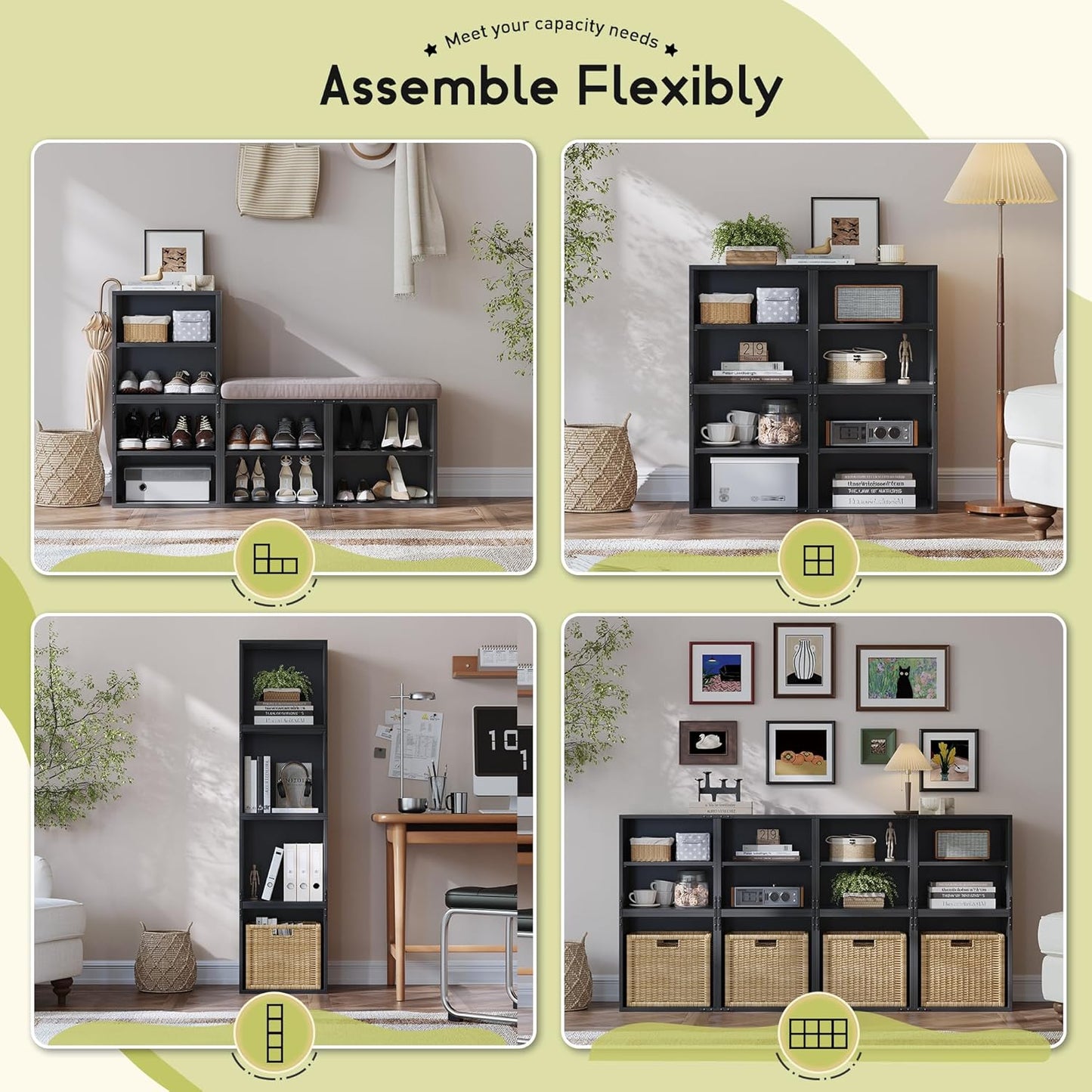 4-Tier Stackable Cube Storage Organizer, DIY Bookcase with 4 Removable Open Shelves & Anti-Tip Design, Cube Book Shelf for Bedroom, Office, Dorm,30" W x 11.81" D x 30" H, Black