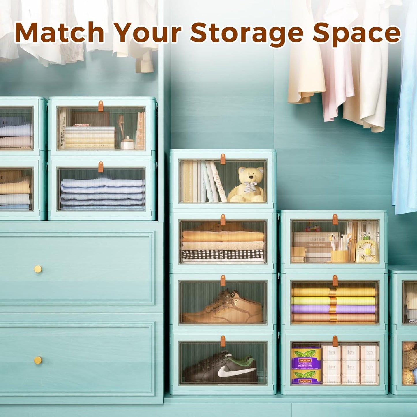 4 Tier Stackable Plastic Storage Bins with Lid and Wheels - 23 QT Closet Organizers and Storage, Foldable Storage Containers, Organization and Storage Boxes for Craft, Home, Pantry, Dorm, Green