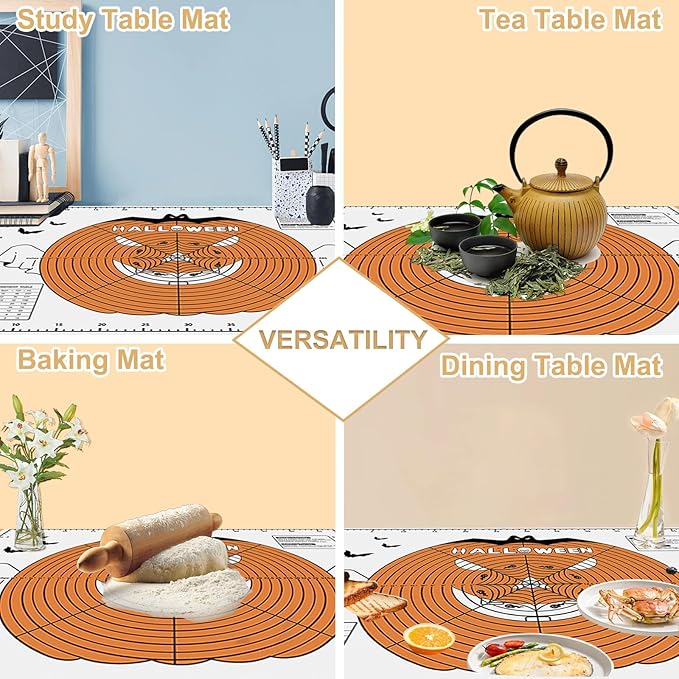 Halloween Silicone Baking Mat Set - 24"X18" Dough Mat With Measurements And 3 Dough Scrapers, Non-Stick Reusable Pastry Mat For Rolling, Kneading, Cookie Bread Pizza Making