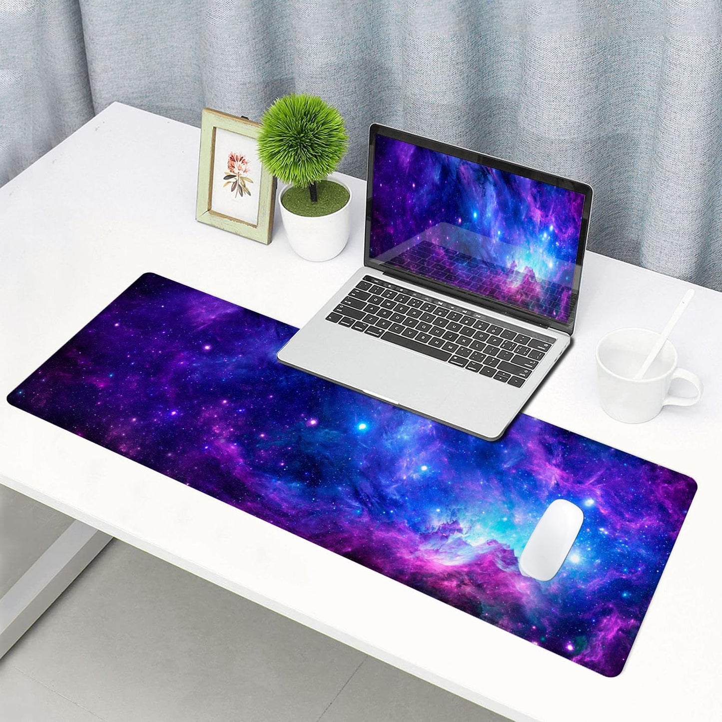 Gaming Large Mouse Pad with Stitched Edges, Purple Galaxy Desk Mat, Extended Keyboard Pad, Non-Slip Rubber Base Desk Pad for Keyboard and Mouse, 31.5X11.8 inch