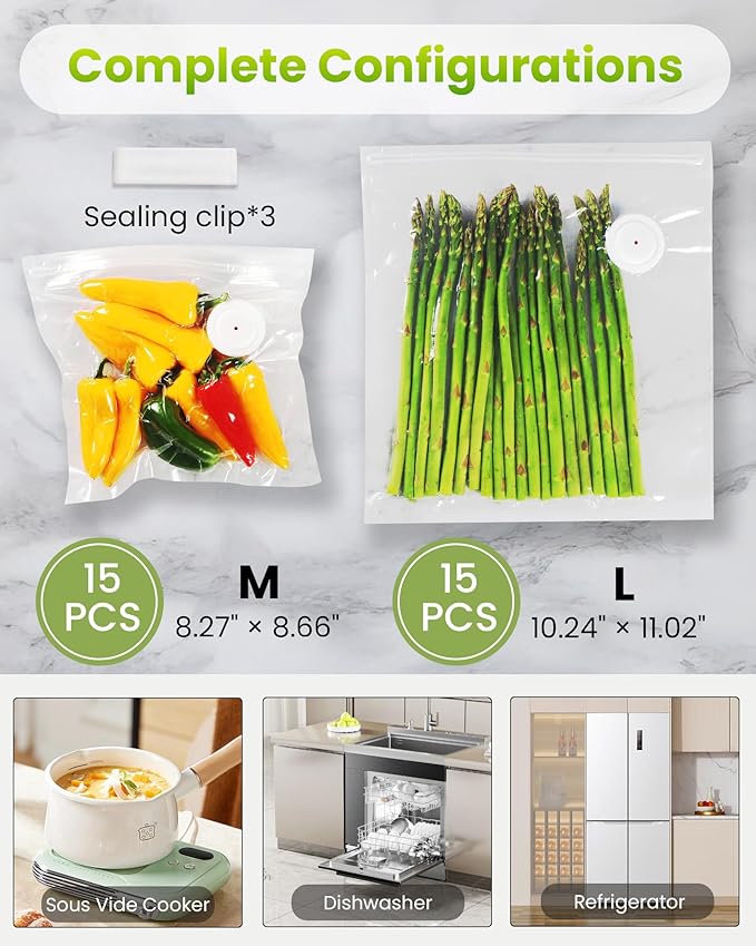 FEPPO Vacuum Sealer for Food with Visible Water Tank, Handheld Saver Compact Vacuum Sealer Machine with 30 Reusable Bags for 6X Preservation & Fresh, White