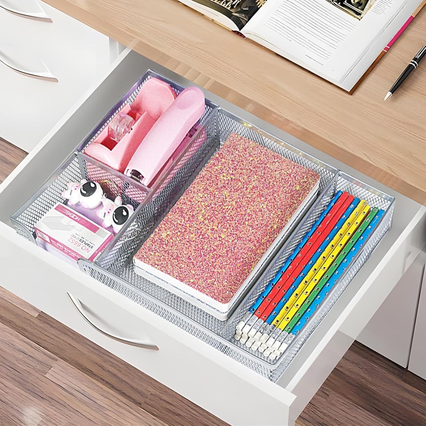 Pink Office Desk Accessories, Pink Office Supplies Set, Desk Drawer Organizer,Stapler and Tape Dispenser Set,Tape,Staple Remover, Staples, Paper Clips, Scissor and Sticky Note