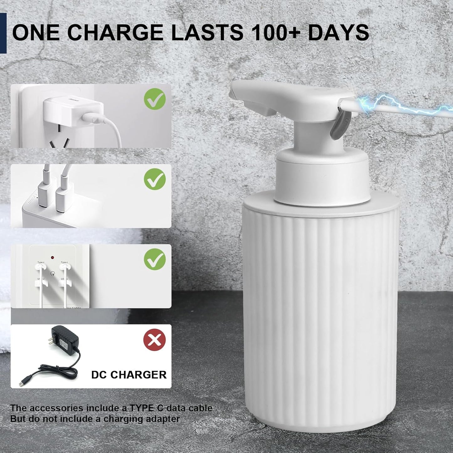 Automatic Soap Dispenser Foaming Touchless: 9oz White Plastic - Rechargeable Electric Smart Auto Foam Soap Dispenser - Hand Dish Bathroom Kitchen