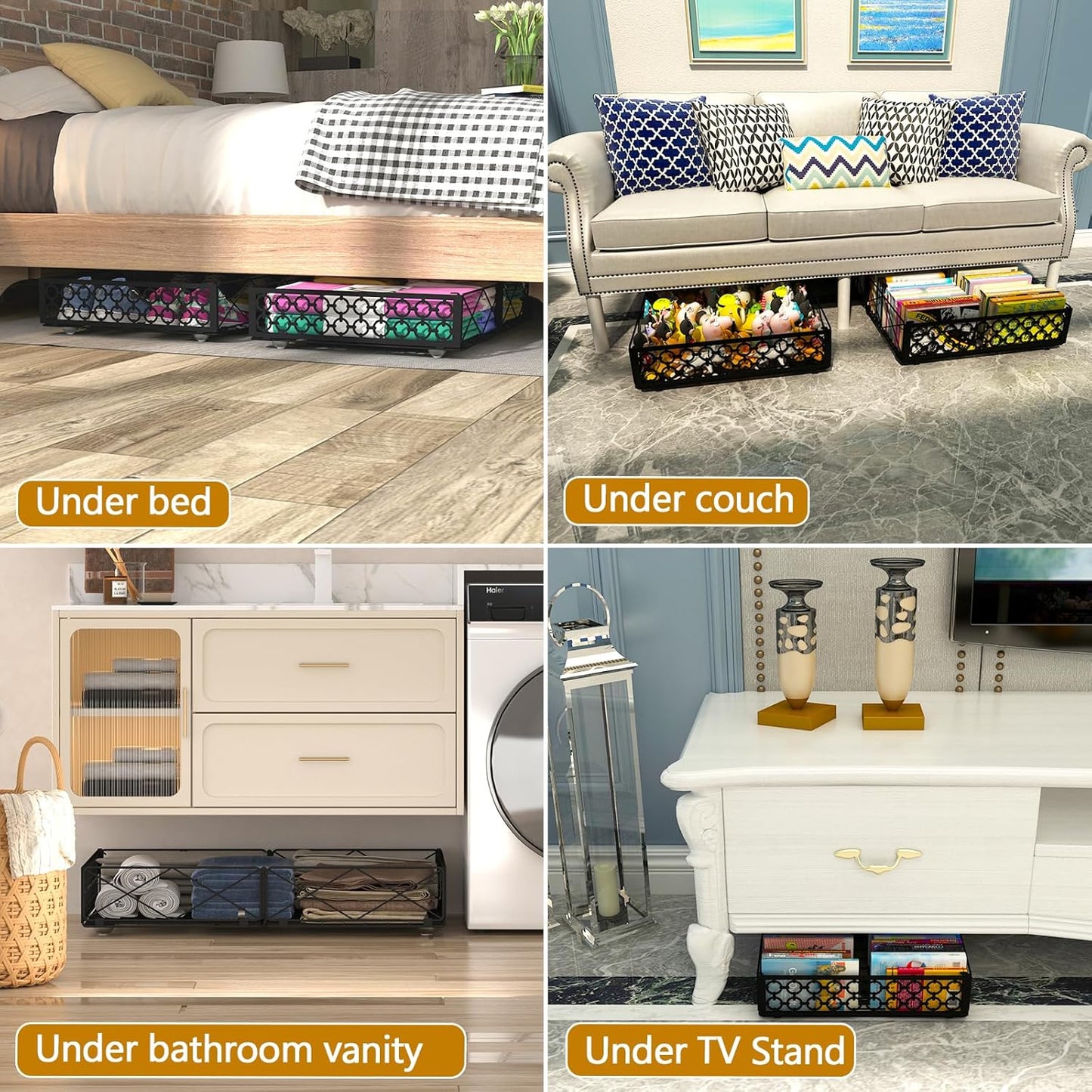 NADAMOO Low Profile Under Bed Storage with Wheels, 4 Pack Rolling Storage Containers, Foldable Metal Organizer Bins