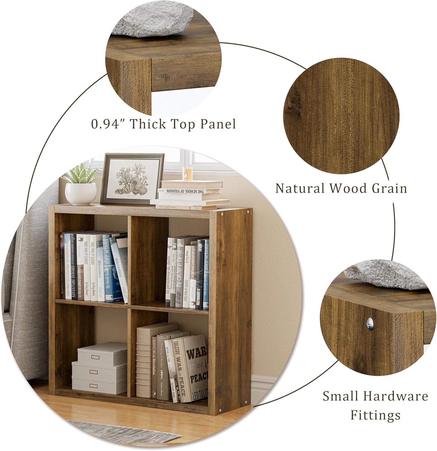 Cube Storage Organizer Bookcase, Decorative 11 inch Open Back Cubical Shelf with Thickened Border, Display Bookshelf for Living Room, Home Office, Sturdy Room (Brown, 4 Cube)