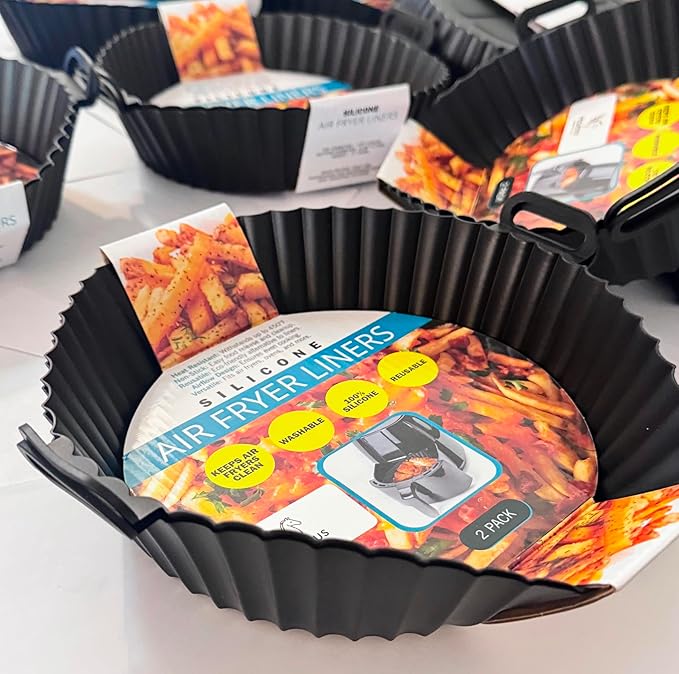 Premium Silicone Air Fryer Liners, Black, 7.87" Top x 6.69" Bottom x 2" Height, Heat-Resistant, Dishwasher Safe, Non-Stick with Handles, 2-Pack