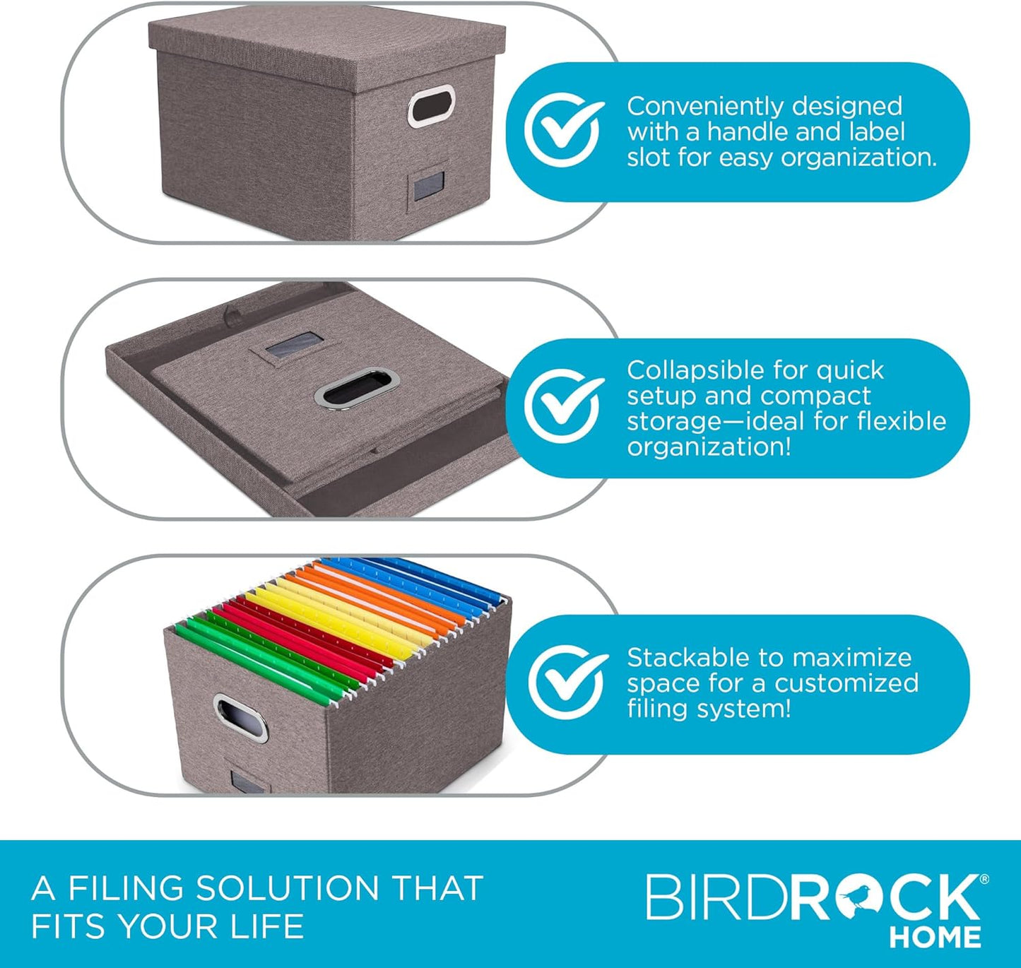 Internet's Best Collapsible File Storage Organizer with Lid - Decorative Linen Filing & Storage Office Box – Hanging Letter/Legal Folder – Home Office Bins Cabinet – Grey Container - 2 Pack