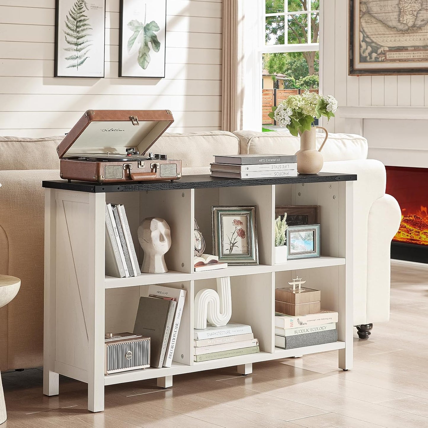 Farmhouse 6 Cube Bookshelf, Antique White & Black Wooden Storage Organizer Book Shelf, 47" Cubby Hallway Bookcase, Kids Toy Storage Cabinet, Modern Open Book Case for Living Room, Playroom