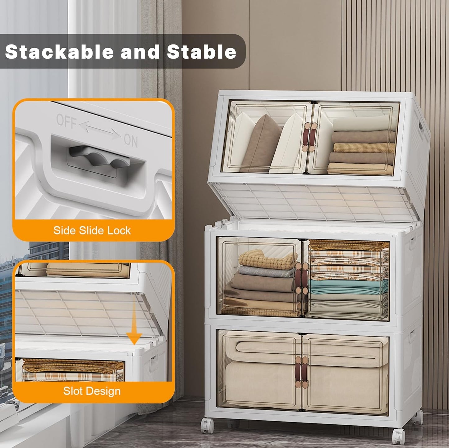 Extra Large Stackable Storage Bins with Lids & Wheels & Door, 336QT-112QT/28GAL*3Pack Foldable Collapsible Closet Organizers, Plastic containers drawers for bedroom Dorm