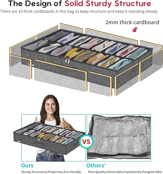 Sturdy Shoes Storage Organizers Boxes Fit 16x2 Pairs, Foldable Shoe Sneaker Container Bin Holder for Closet with Clear Cover, 37.8"x23.6"x5.9", Cotton-like Black, ZMXBUBS16P2