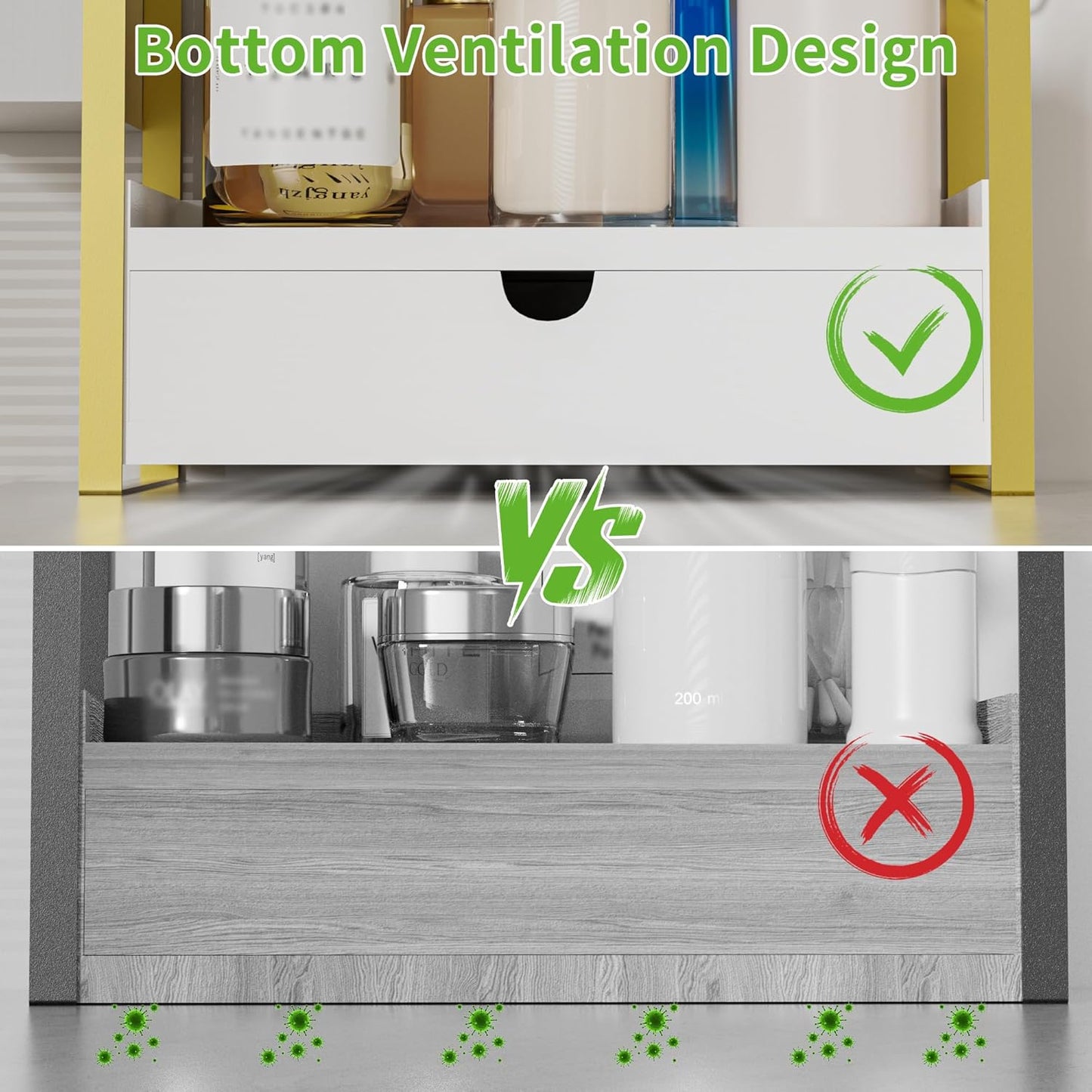 2-Tier Bathroom Counter Organizer with Drawer and Basket, Wood Countertop Organizer for Storage, Skincare Organizers for Vanity, Counter Shelf for Bathroom Organization(White-gold)