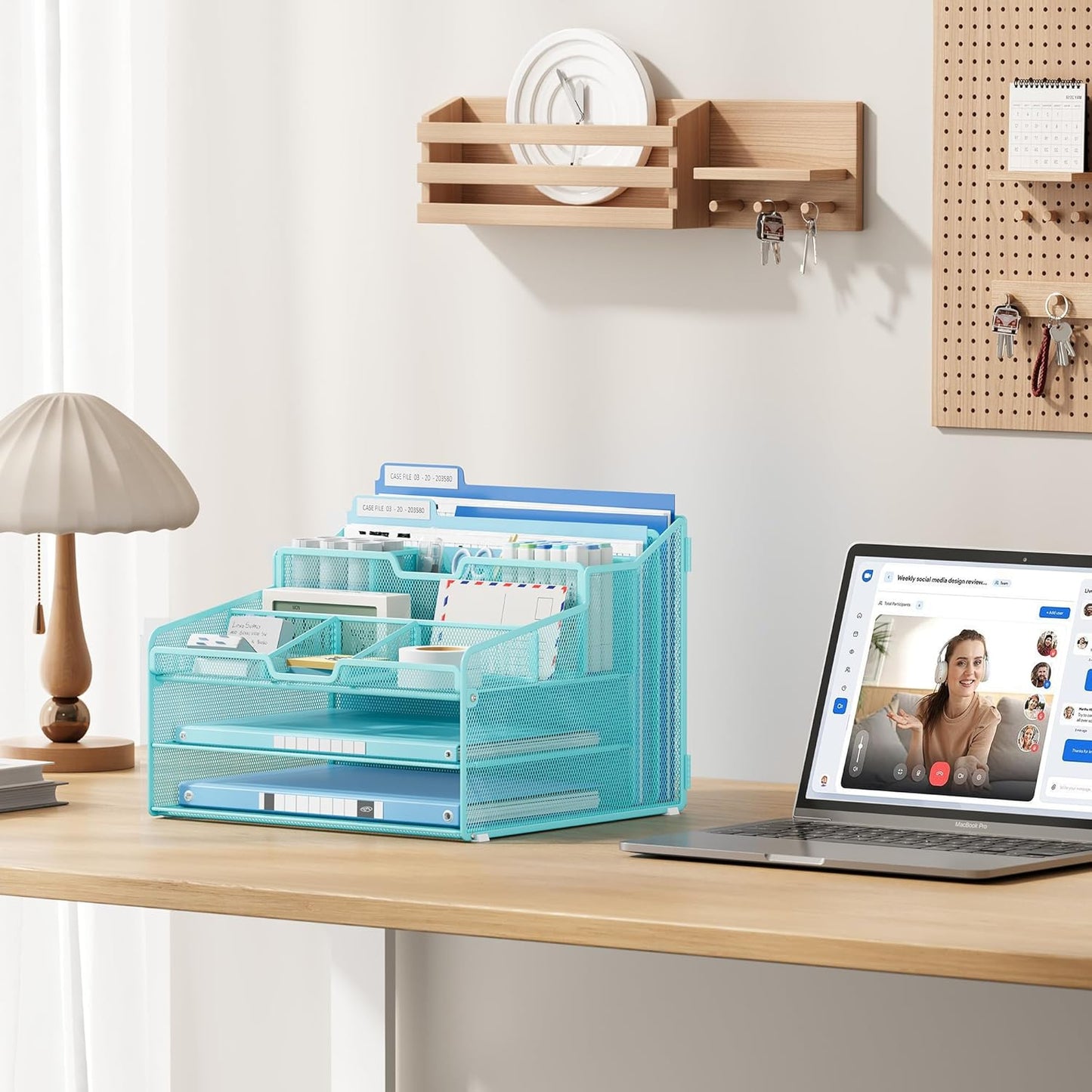 Lavatino Desk Paper File Organizer - Metal Mesh with 2 Letter Trays, 7 Flexible Dividers, 2 Vertical File Folder Holders for Office/Home/Classroom Supplies, Desk Organizers and Accessories, Blue