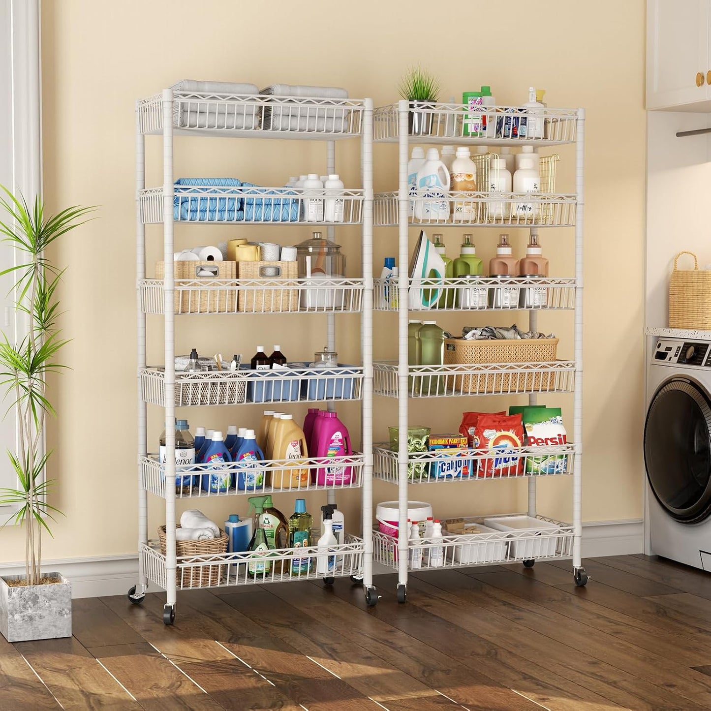 SINGAYE 6 Tier Big Basket Shelf Wire Shelving Unit Adjustable Storage Shelves Rack for Garage Kitchen Office Pantry Corner Metal with Wheels White