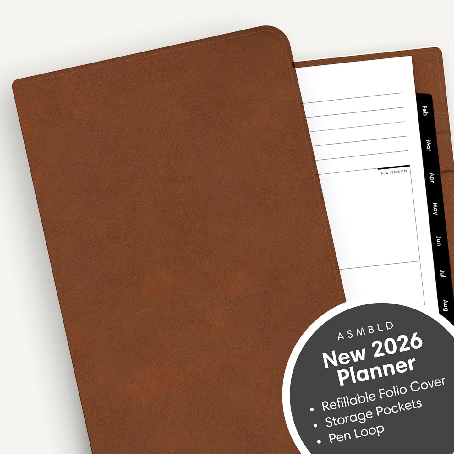 Blue Sky ASMBLD 2026 Weekly and Monthly Planner Calendar, January 2026 - December 2026, 5" x 8", Faux Leather Cover, Durable Twin Wire Binding, Storage Pocket, Laminated Tabs, Refillable, Pen Loop, Tan